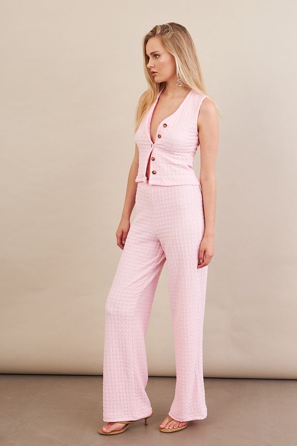 Kadın Pembe Gofre Yelek Pantalon Takım FLU330 - 3