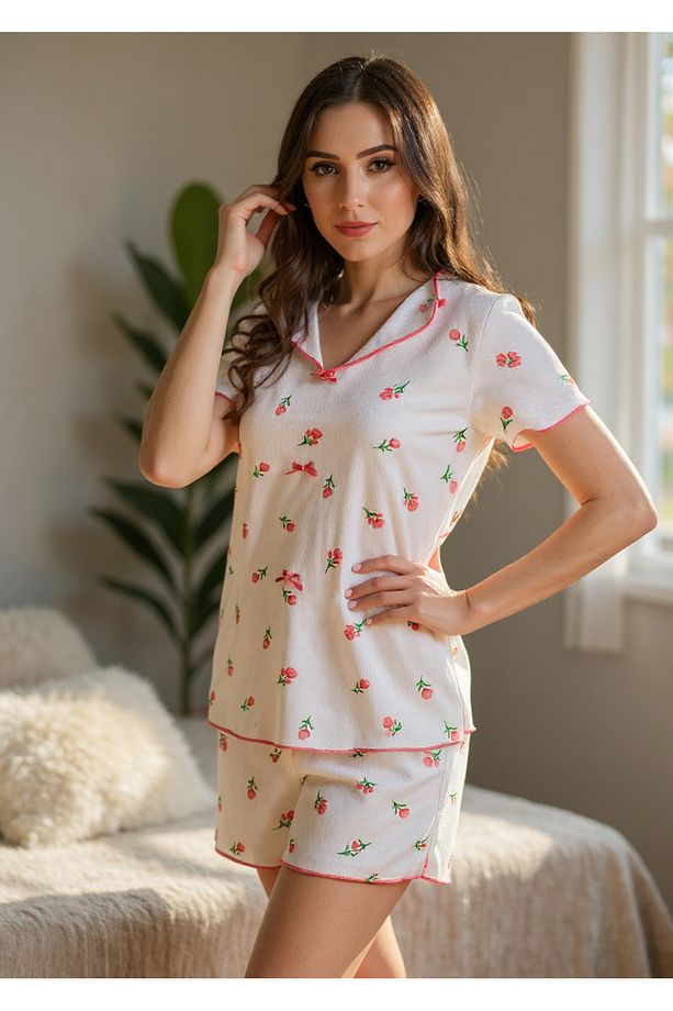 Ekru Çiçek Baskılı Pamuklu Şortlu Pijama Takımı - 6