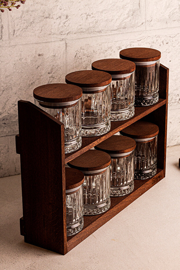 Mira Small - مجموعة أواني تخزين توابل زجاجية مفرغة من الهواء مع 8 أغطية خشبية مع حامل 210 مل - 7