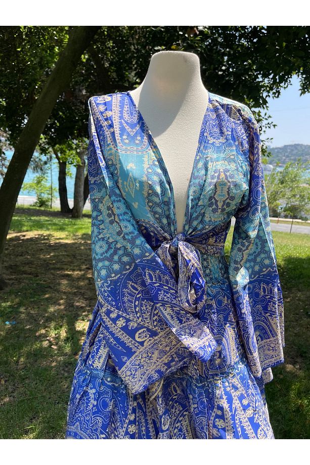 İpek Bağlamalı Üst Mini Etek Boho Sarı Takım - 5