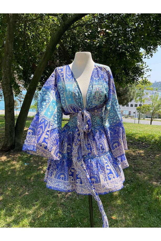 İpek Bağlamalı Üst Mini Etek Boho Sarı Takım - 4