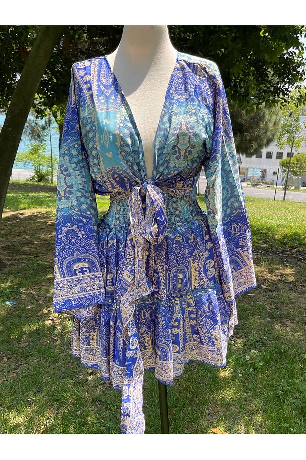 İpek Bağlamalı Üst Mini Etek Boho Sarı Takım - 7