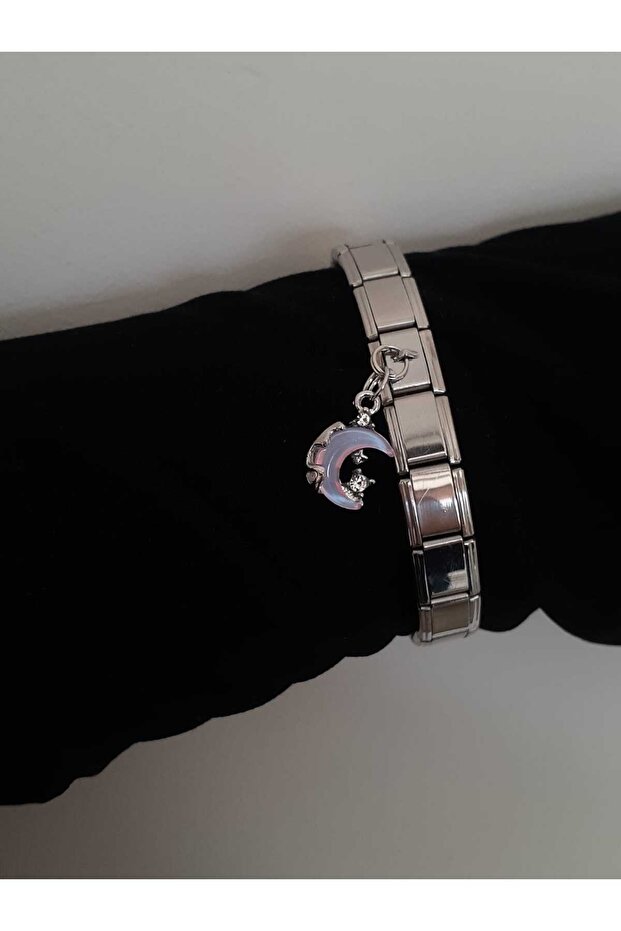 Steel Italian Charm with Hologram Moon Figure