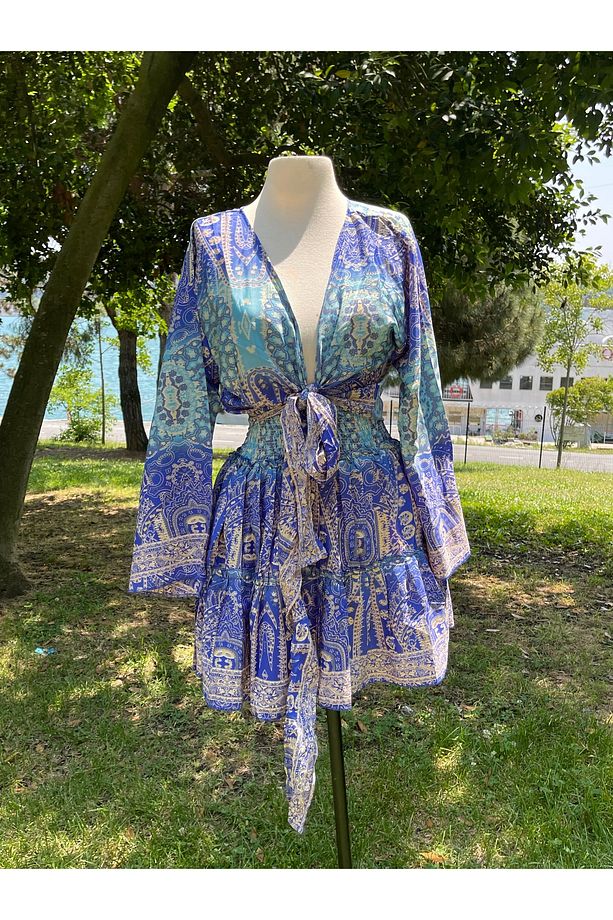 İpek Bağlamalı Üst Mini Etek Boho Sarı Takım - 9