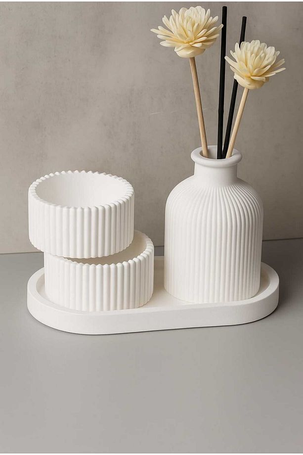 Dekoratif 3'lü Set Pampas Vazo, Tealight Mumluk, Alt Tabak Dekoratif Obje Biblo - 2