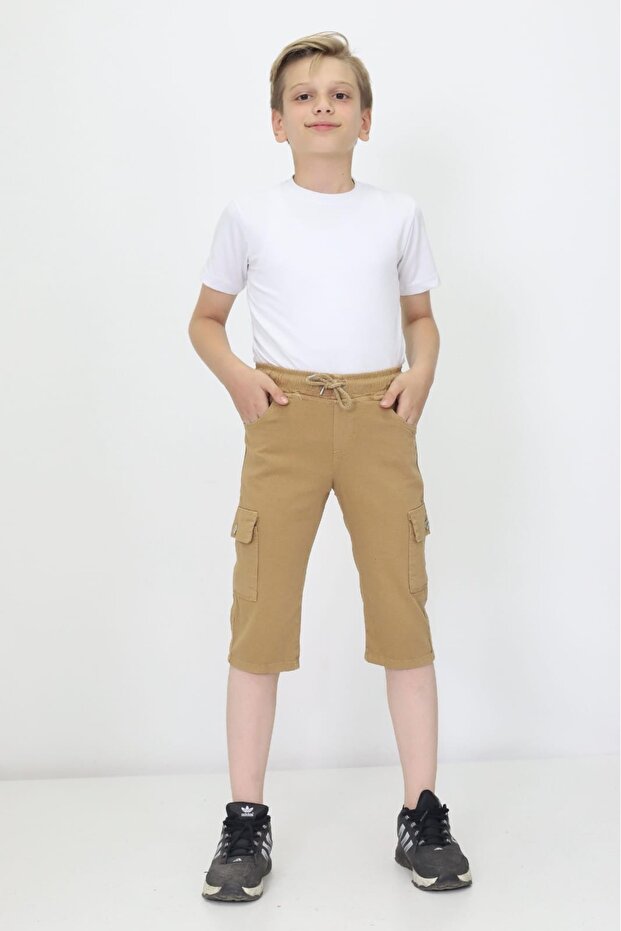 Boy's Light Blue Cargo Pocket Modern Linen Capri with Rope Detail Suitable for Summer Daily Use
