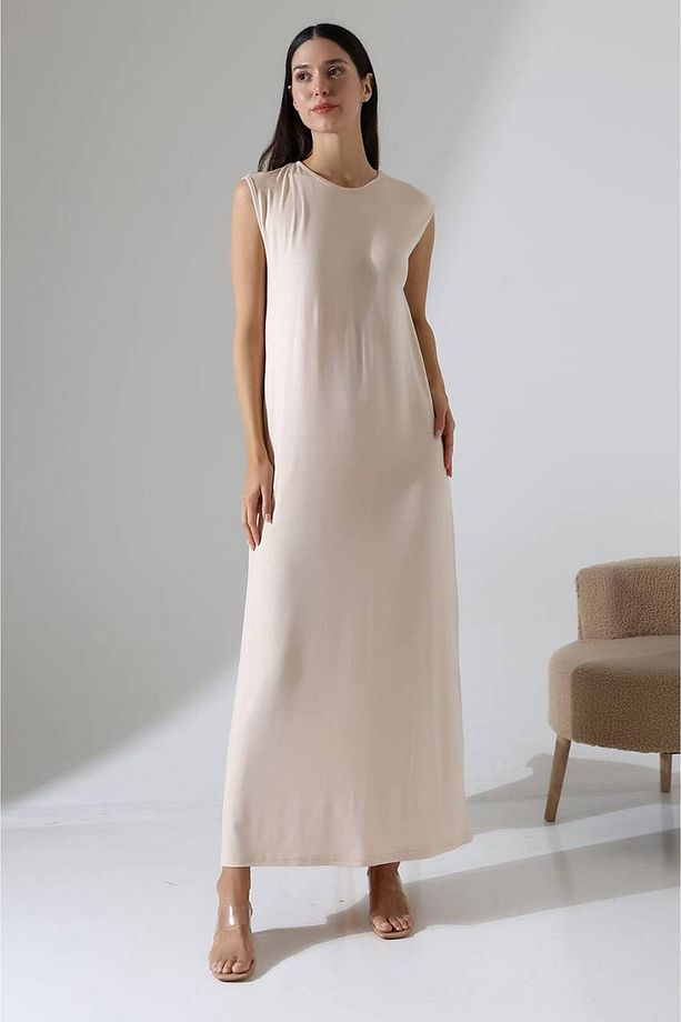 Kadın Bej Oversize Sıfır Kol Bisiklet Yaka Basic Günlük Uzun Içlik Tunik Viscon Kumaş - 3