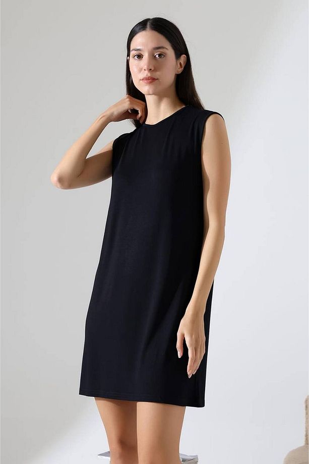 Kadın Siyah Oversize Sıfır Kol Bisiklet Yaka Basic Günlük Içlik Tunik Viscon Kumaş - 3