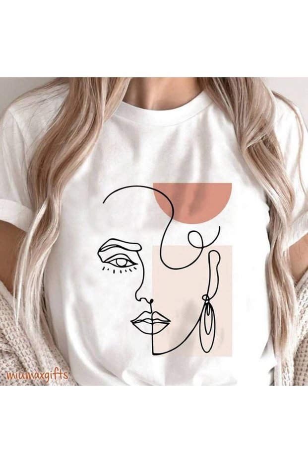 Women Face Line Printed Cotton Circle Neck Normal Fit Short Sleeve Women's and Children's Tshirt
