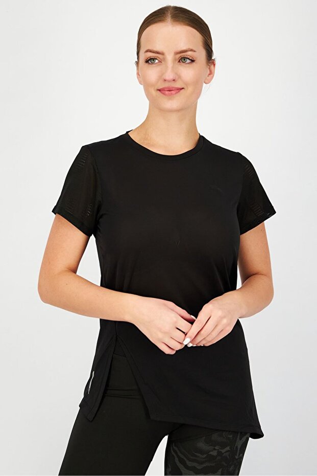 Women Sportswear Fit Mesh Sleeves Training Top, Black