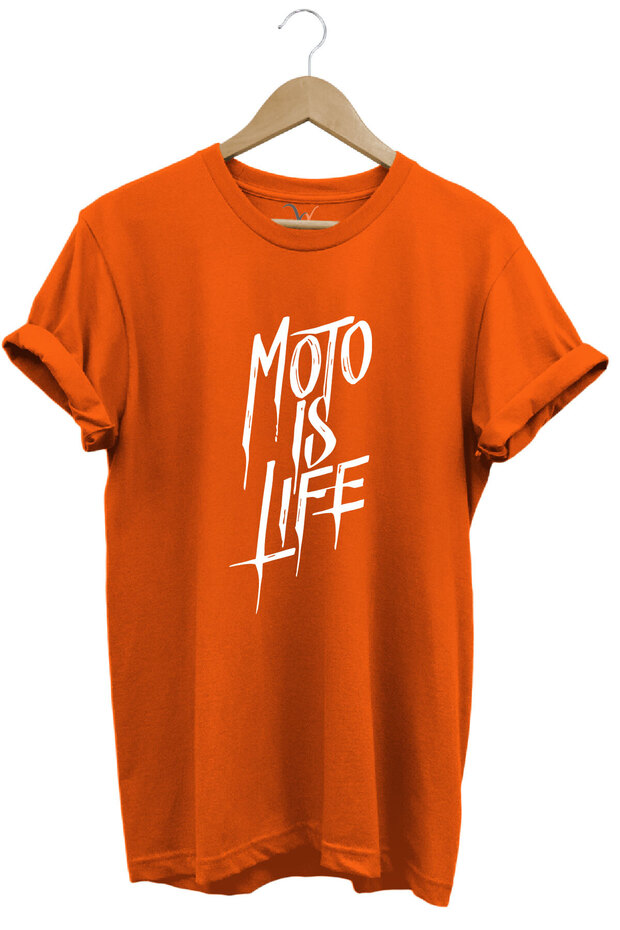 Moto Is Life Printed Biker 100% Cotton Regular Fit Crew Neck Premium Orange T-Shirt