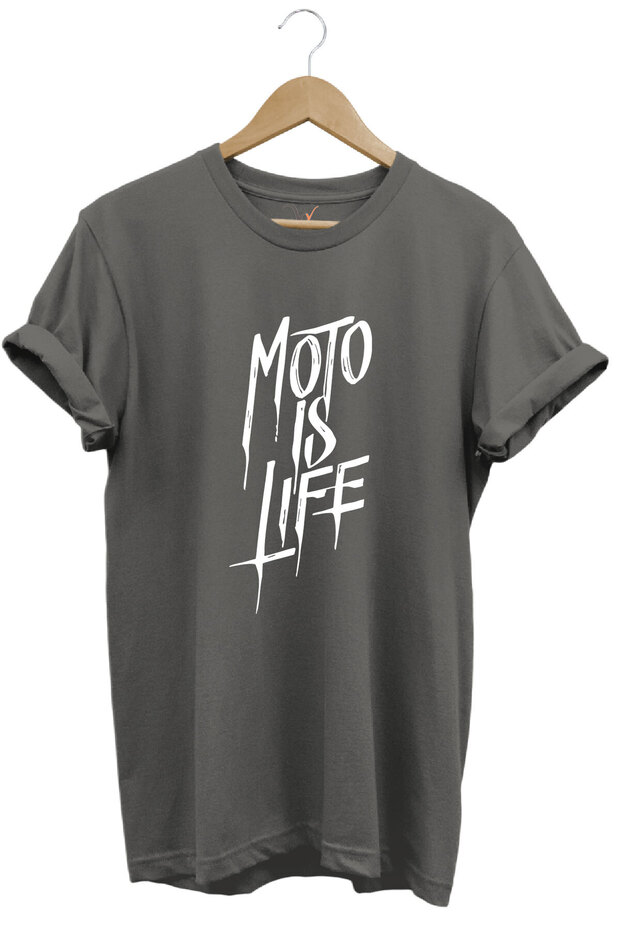 Moto Is Life Printed Biker 100% Cotton Regular Fit Crew Neck Premium Gray T-Shirt