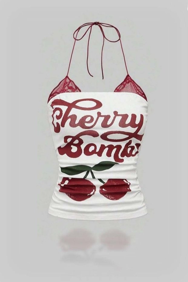 Vintage Style Cherry Fruit Cherry Patterned Strap T-Shirt