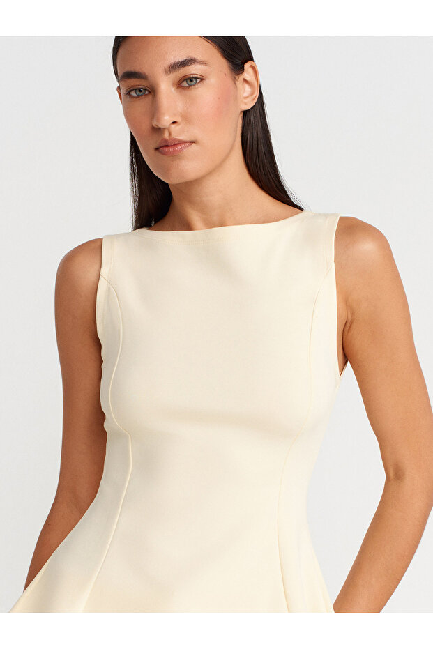 21001 Kayık Yaka Peplum Top-Açık Sarı - 3