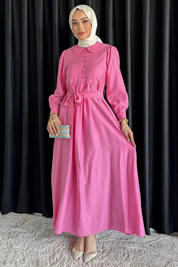 Pink Baby Collar Front Button Detailed Pleated Belted Hijab Dress