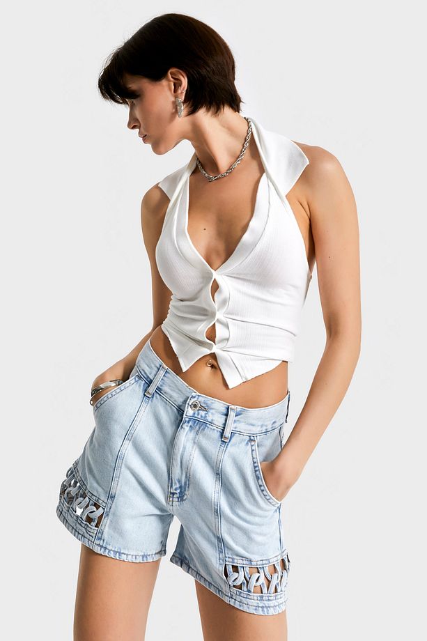 Kadın Snow Kot Rengi 3s5-3 Mini Boy Paça Detaylı %100 Koton Tasarım Denim Şort - 1
