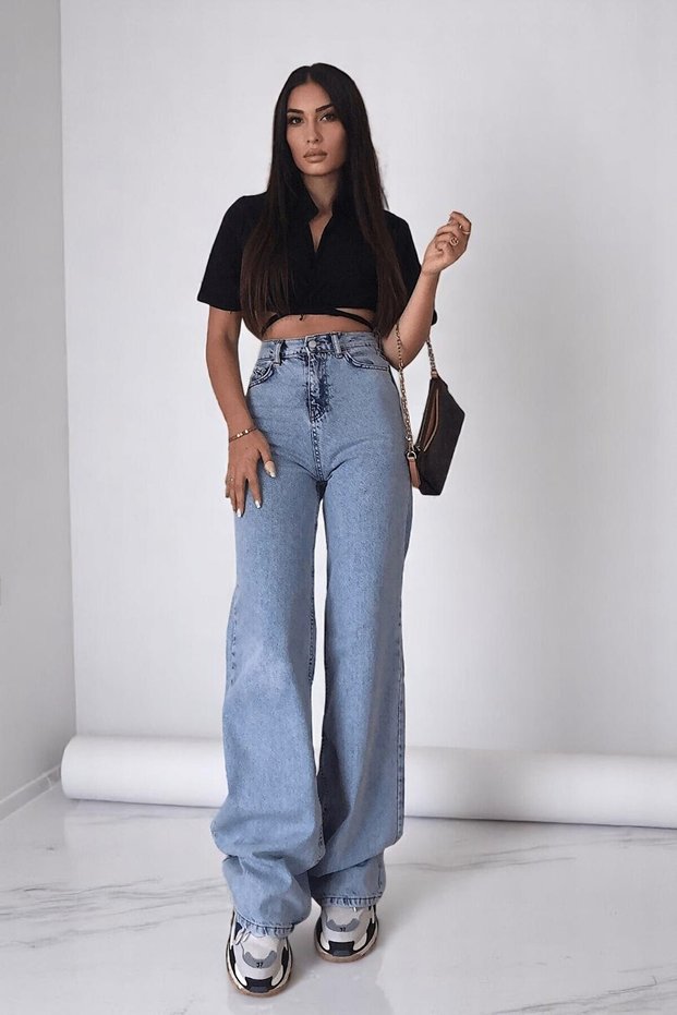 Harmony Women's Lycra Stretchy Special Wide Leg Jeans, Palazzo Model Loose Cut Wide Leg