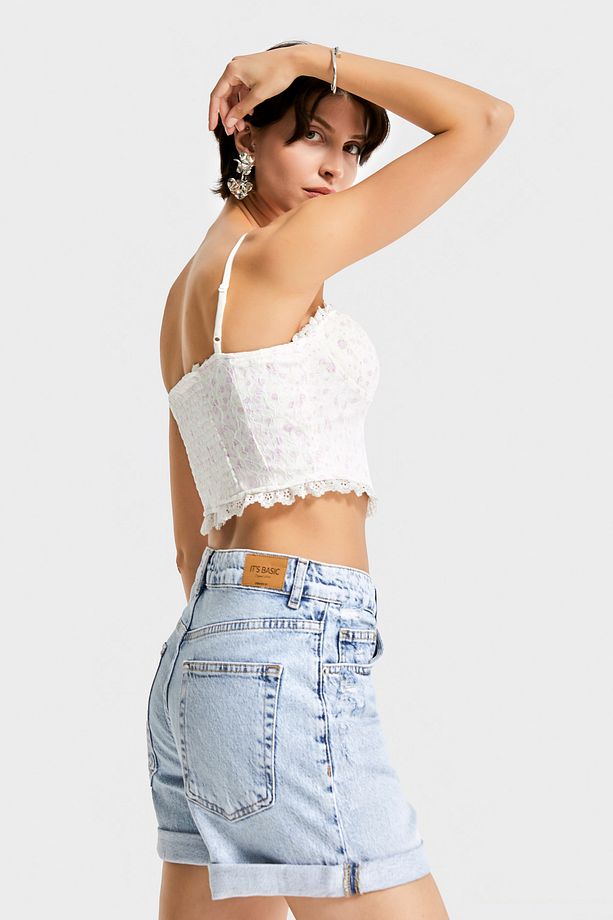 Kadın Snow Kot Rengi 12s5-3 Midi Boy Yırtık Detaylı Duble Paça %100 Koton Denim Şort - 4