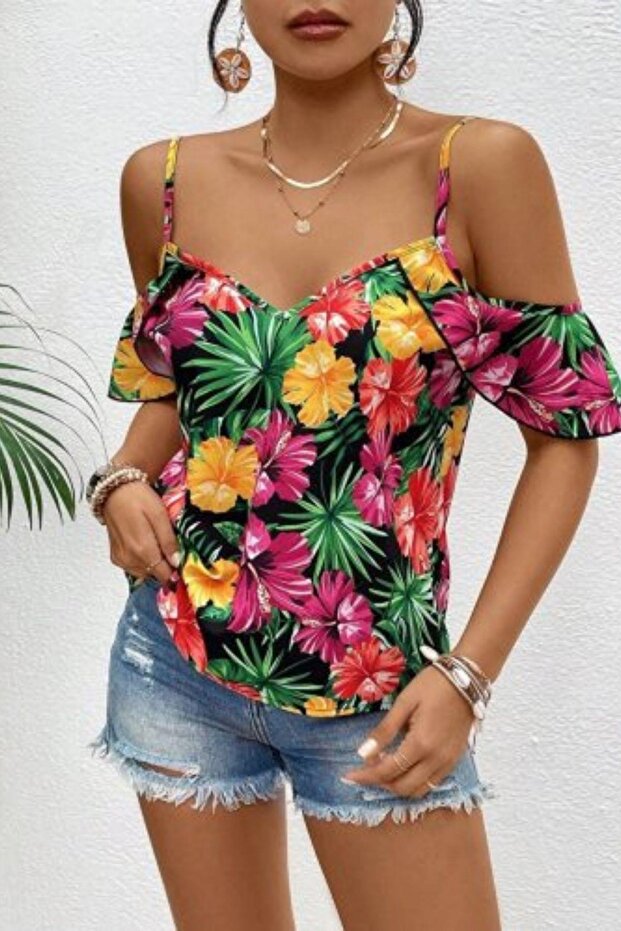 بلوزة بحمالات رفيعة وبدون أكتاف مع نقشة زهور - 2