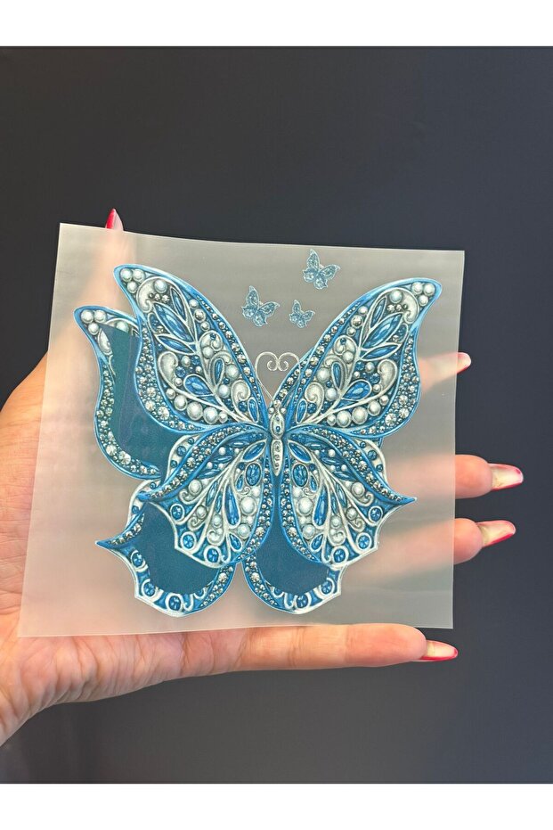 Gönülden Tasarım Ütü İle Yapışan Mavi Renk Kelebek Transfer Baskı Arma 11X11 Cm