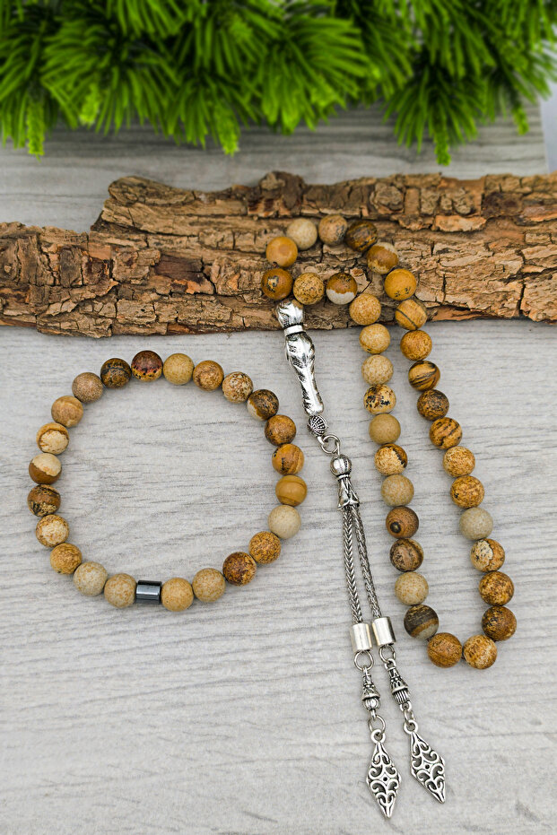 Men's Stone Jasper Natural Stone Prayer Beads and Bracelet Set 8 mm Bt049