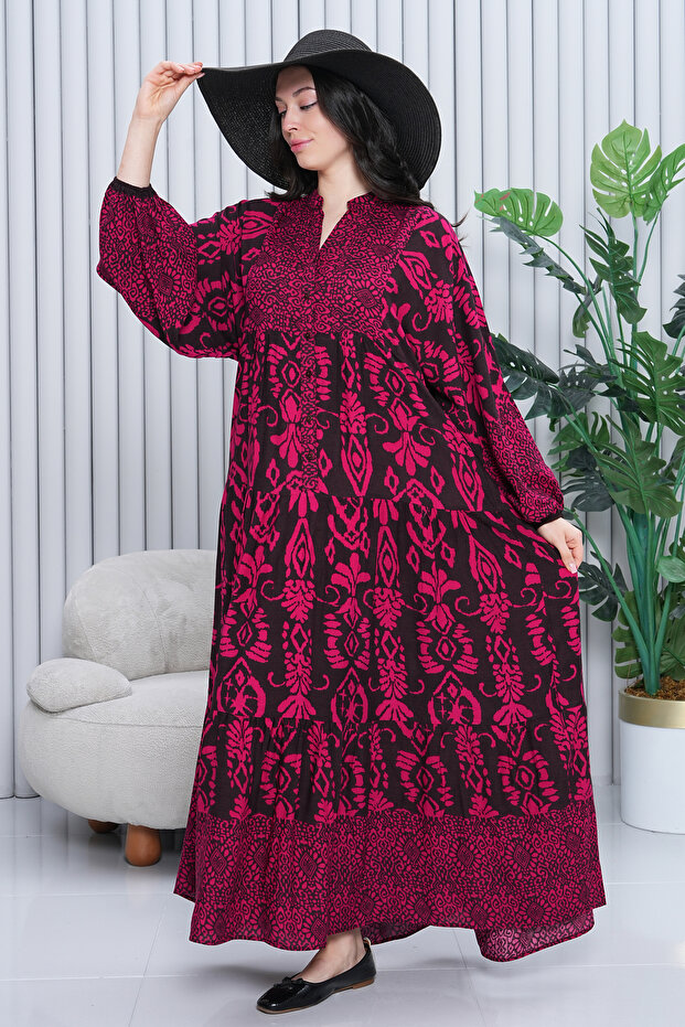 Women's Katkat Patterned Plus Size Viscose Hijab Dress Fuchsia