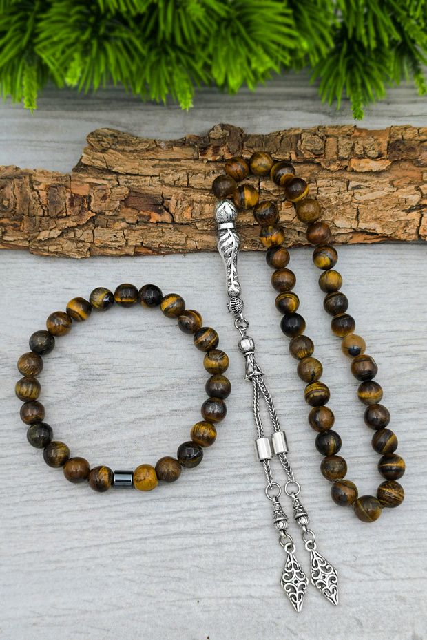 Tiger's Eye Prayer Beads and Bracelet Natural Stone Set 8 mm Bt034