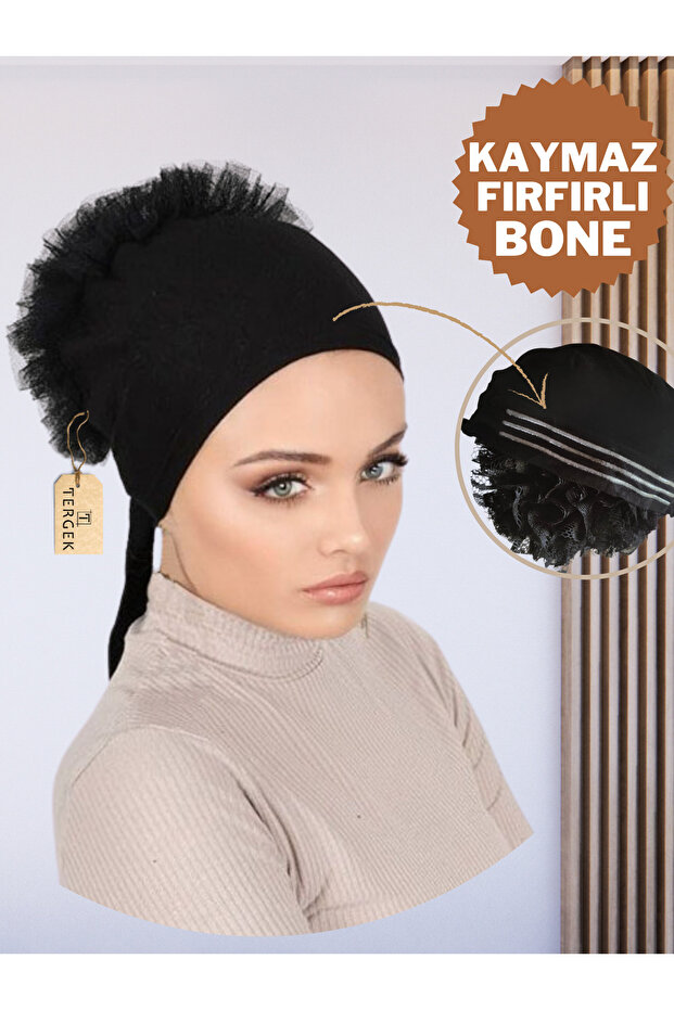 Ruffled, Non-Slip, Seamless Front, Silicone, Black Bonnet, Inner Bun, Hijab-Ready Headscarf