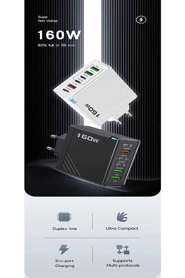 160w Şarj Adaptörü 6 Port Hızlı Şarj Başlığı İos/Android Uyumlu Şarj Aleti - 7