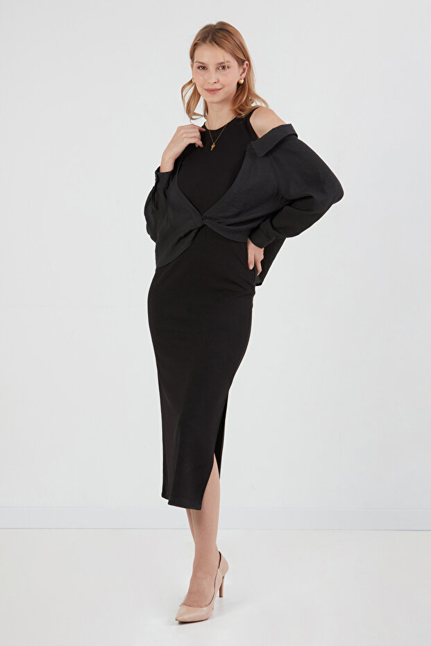 Basic Gömlek Detaylı Yırtmaçlı Elbise - 1