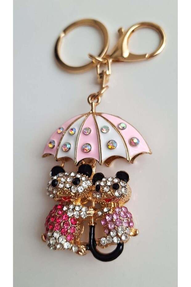 Luxury Gift Zircon Stone Pink Umbrella Cute Teddy Bear Keychain - Bag Ornament 12.5 cm