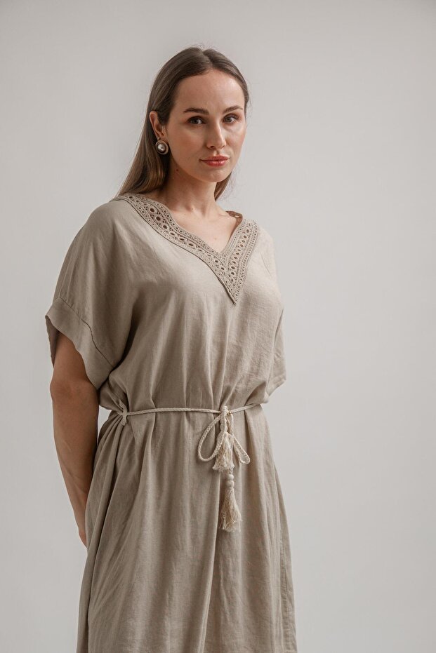 KETEN VİSKOZ BELİ HALATLI ELBİSE - 3