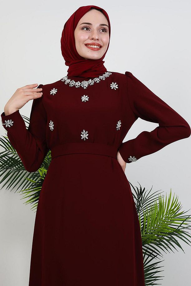 Lalin Çiçek Taşlı Elbise Bordo - 6