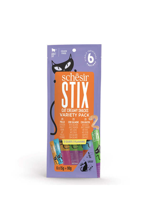 Schesir Stix Treat Variety Pack - Mixed Flavors, Chicken,Duck & Salmon 6x15g