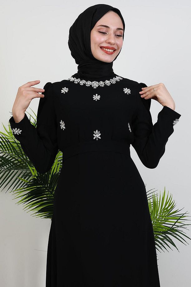 Lalin Çiçek Taşlı Elbise Siyah - 6