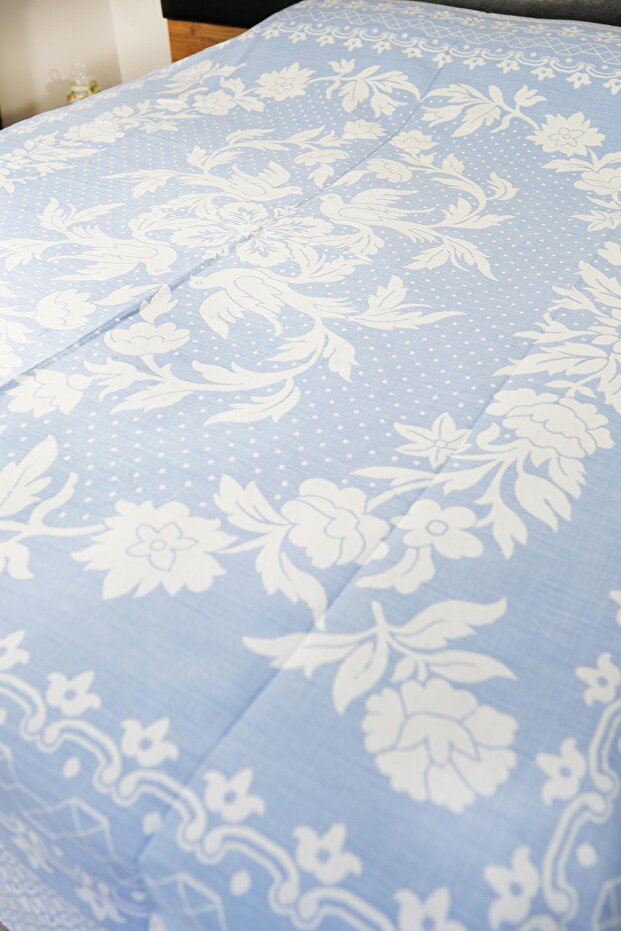 100% Cotton Handwoven Bird Patterned Pique 190 X 225 cm - Light Blue