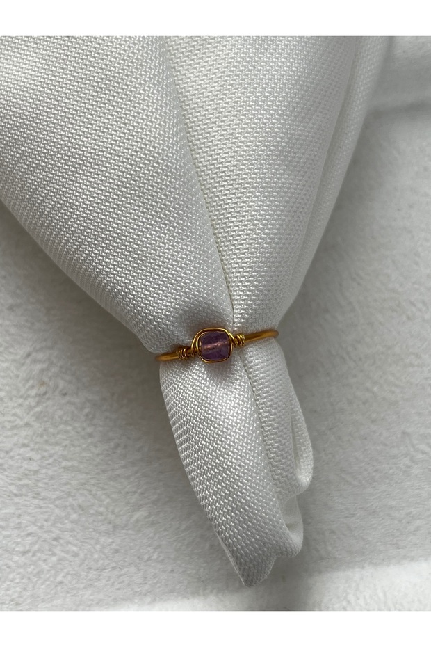 Cube Amethyst Stone Adjustable Gold Color Wire Ring Handmade