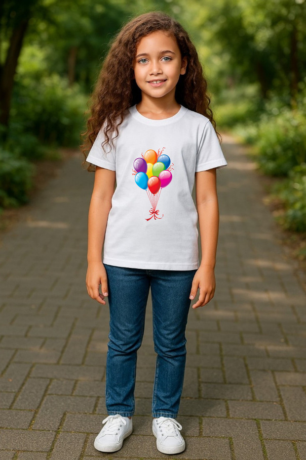 Children's Crew Neck Unisex Flying Balloons Printed T-Shirt