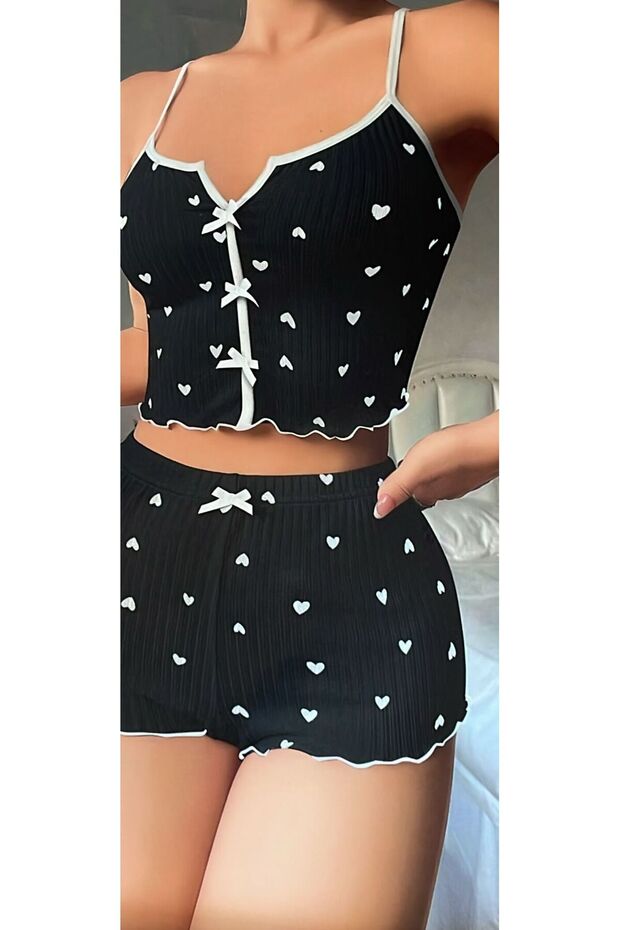 Women's Heart Patterned Shorts Pajama Set