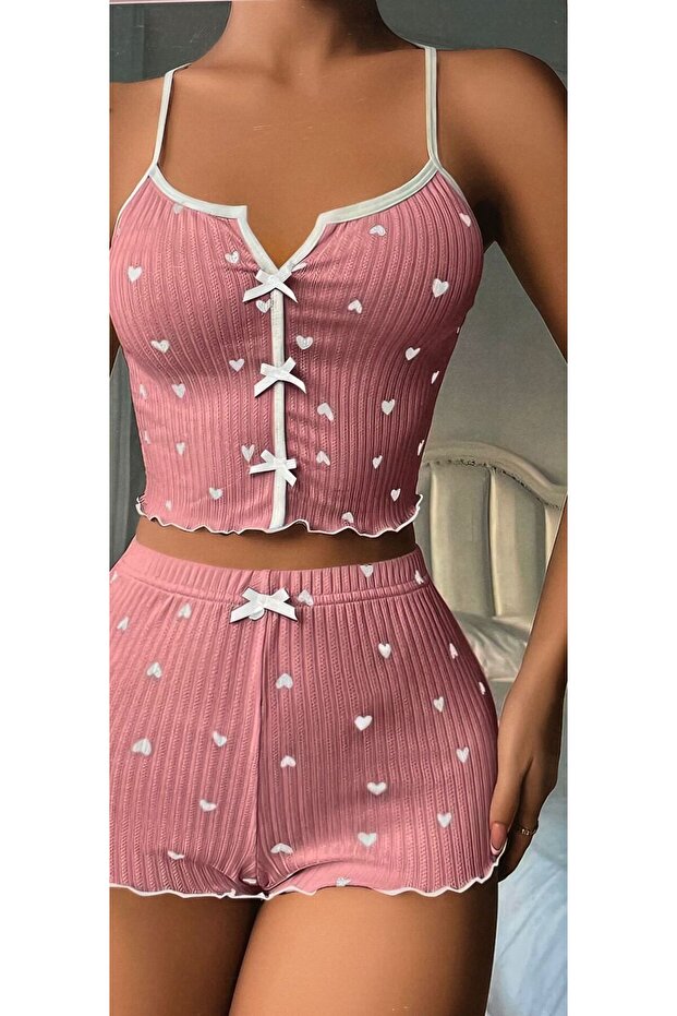 Women's Heart Patterned Shorts Pajama Set