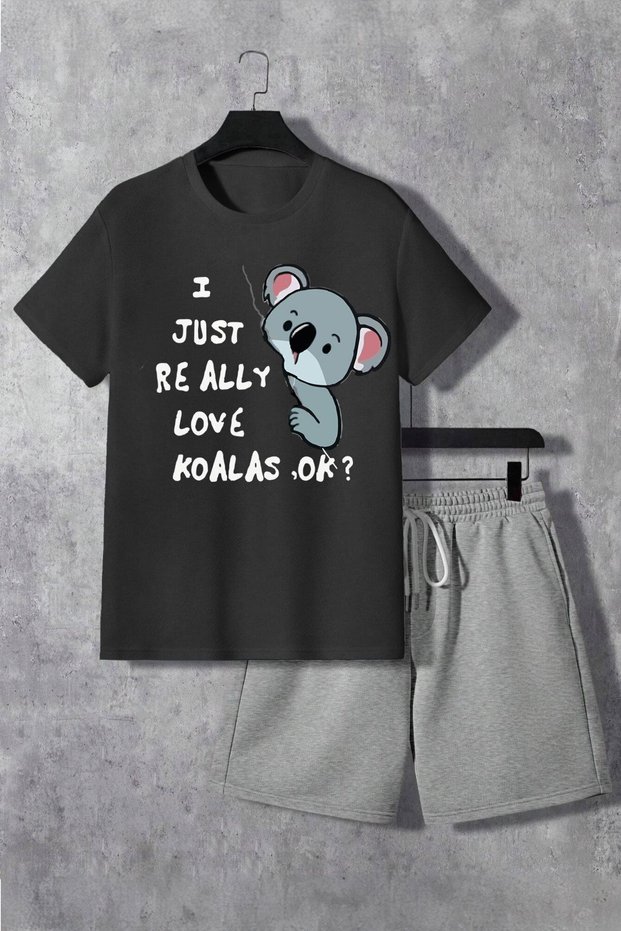 Koala T-Shirt Shorts - Black Gray Shorts T-Shirt Bottom Top Set Printed Crew Neck