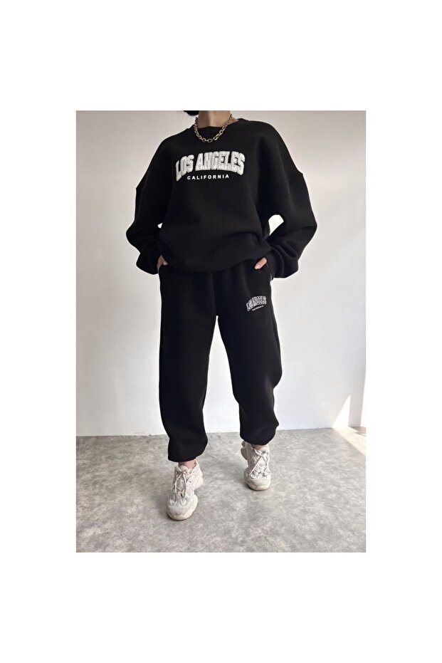 Los Angeles Tracksuit Set - Black Printed Suit Jogger Sweatshirt Elastic Leg Crew Neck