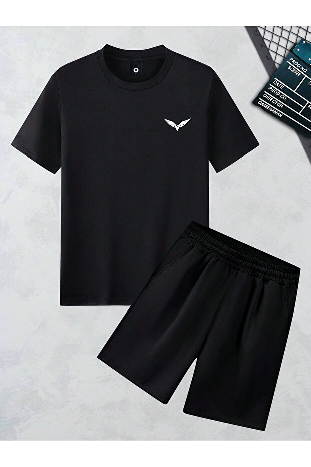 Wing Wing T-Shirt Shorts - Black Shorts T-Shirt Bottom Top Set Printed Crew Neck