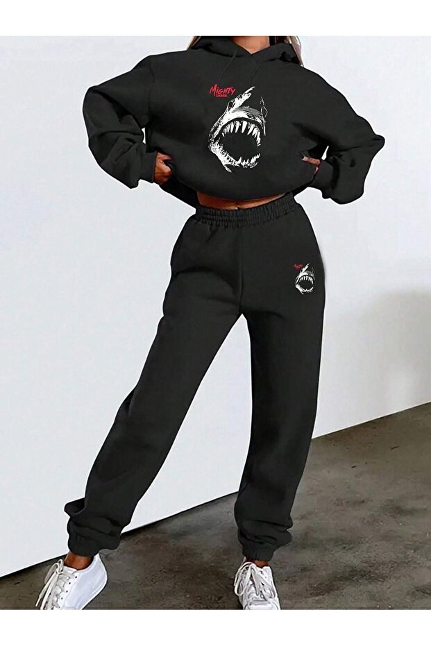 Mighty Shark Bottom Top Tracksuit Set - Black Printed Oversize Rubber Leg Hoodie
