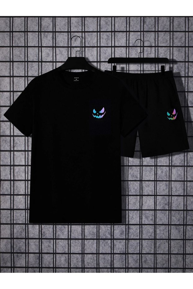 Colorful Face T-Shirt Shorts Combination Set - Black Printed Oversize Crew Neck