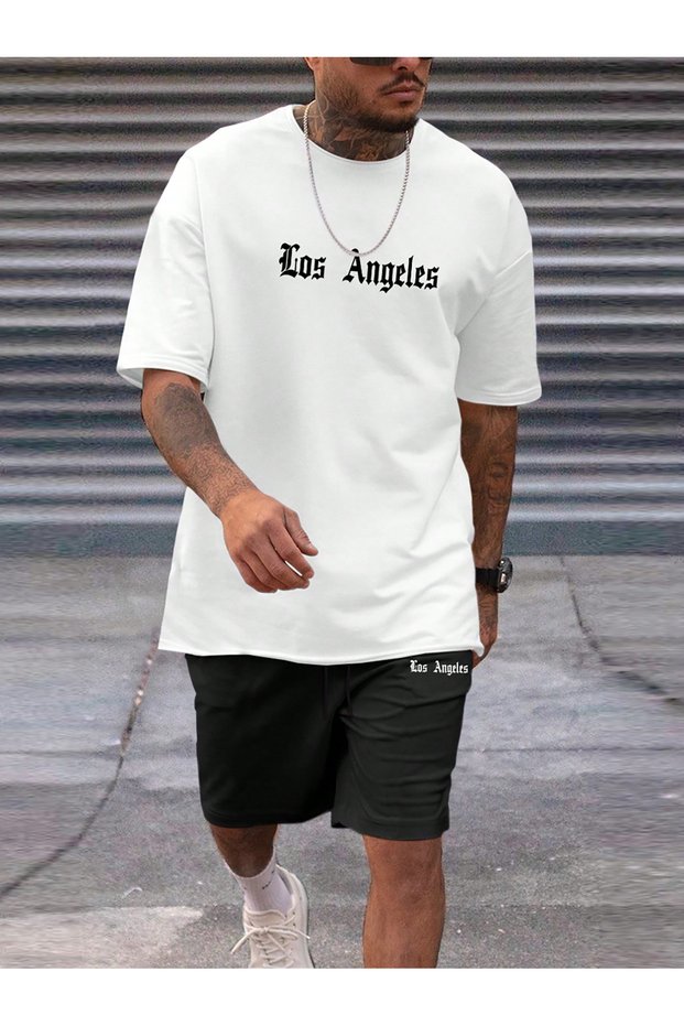 Los Angeles Minimal T-Shirt Shorts - White Black Shorts T-Shirt Bottom Top Set Printed Crew Neck