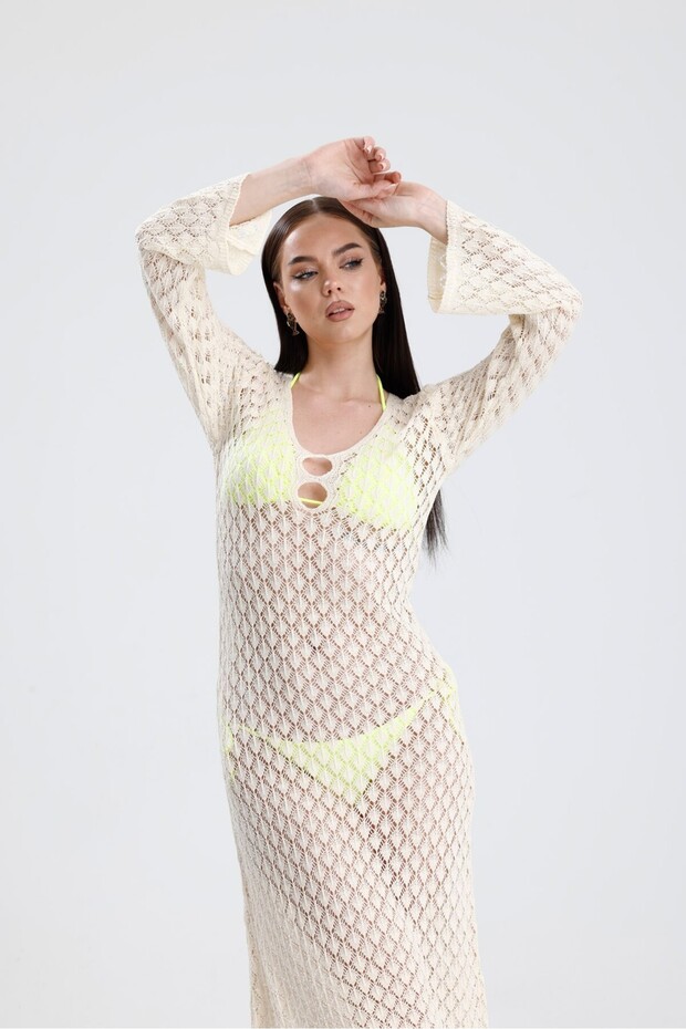 Triko Delikli Elbise - Krem - 4