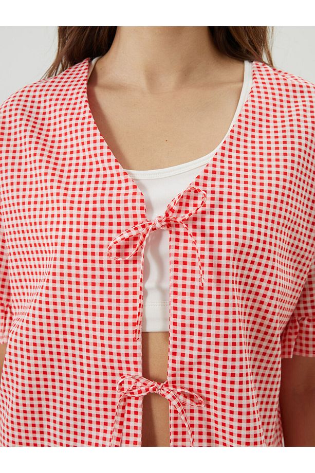 Petite V Yaka Ekose Kadın Şortlu Pijama Takımı - 3