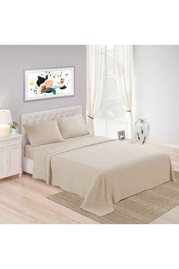 :طقم ملاءات سرير فاخرة سادة من 3 قطع، 300 خيط، 100 قطن غني - 1