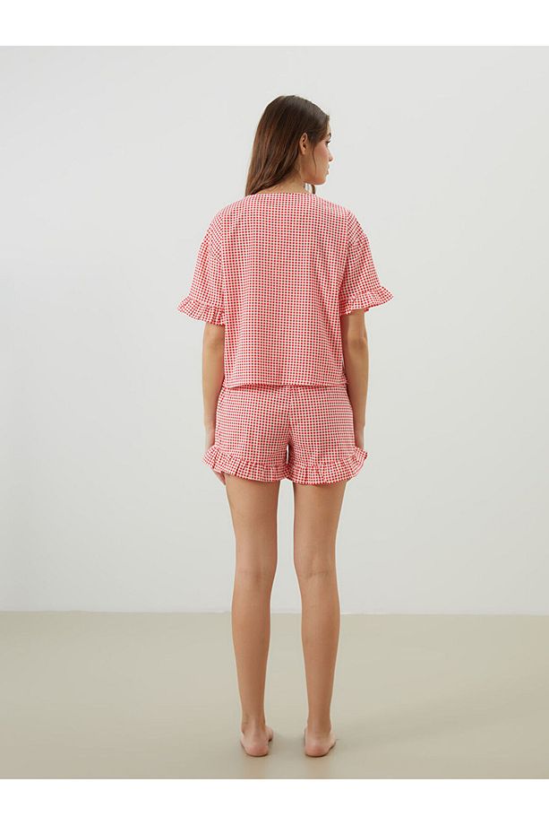 Petite V Yaka Ekose Kadın Şortlu Pijama Takımı - 4